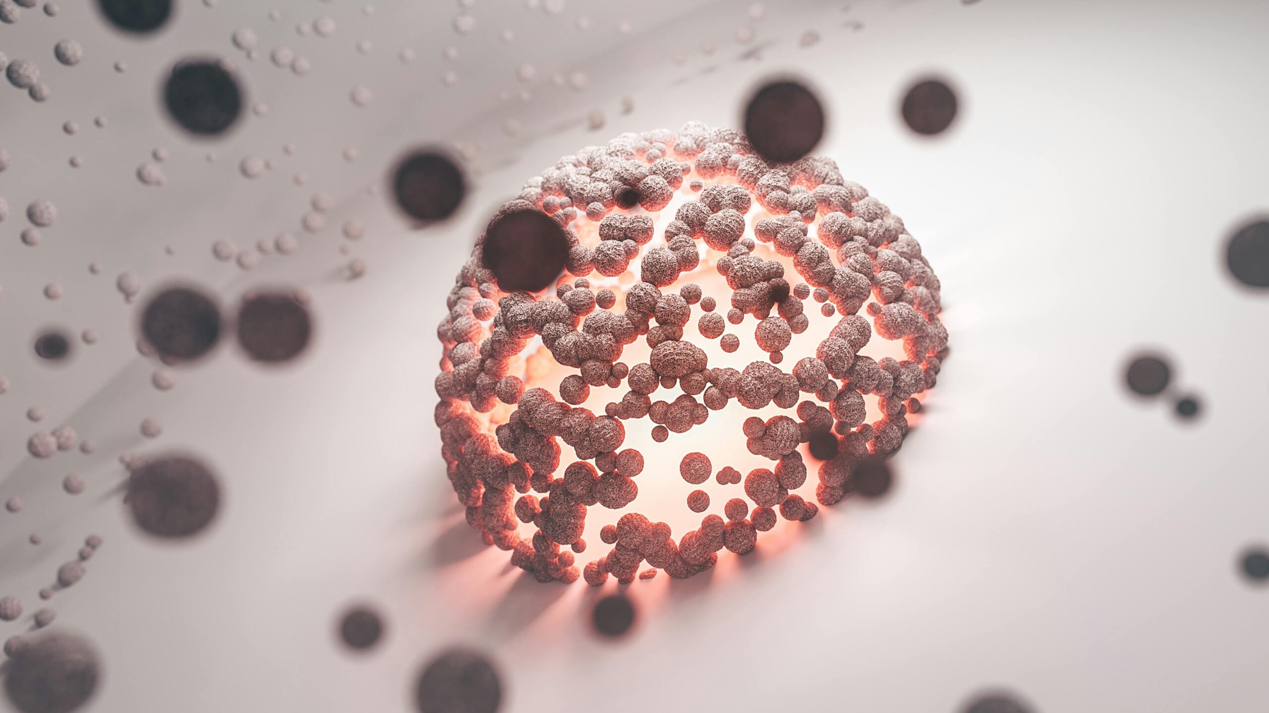 Intricate abstract representation of a cellular structure with a glowing core on a white background.